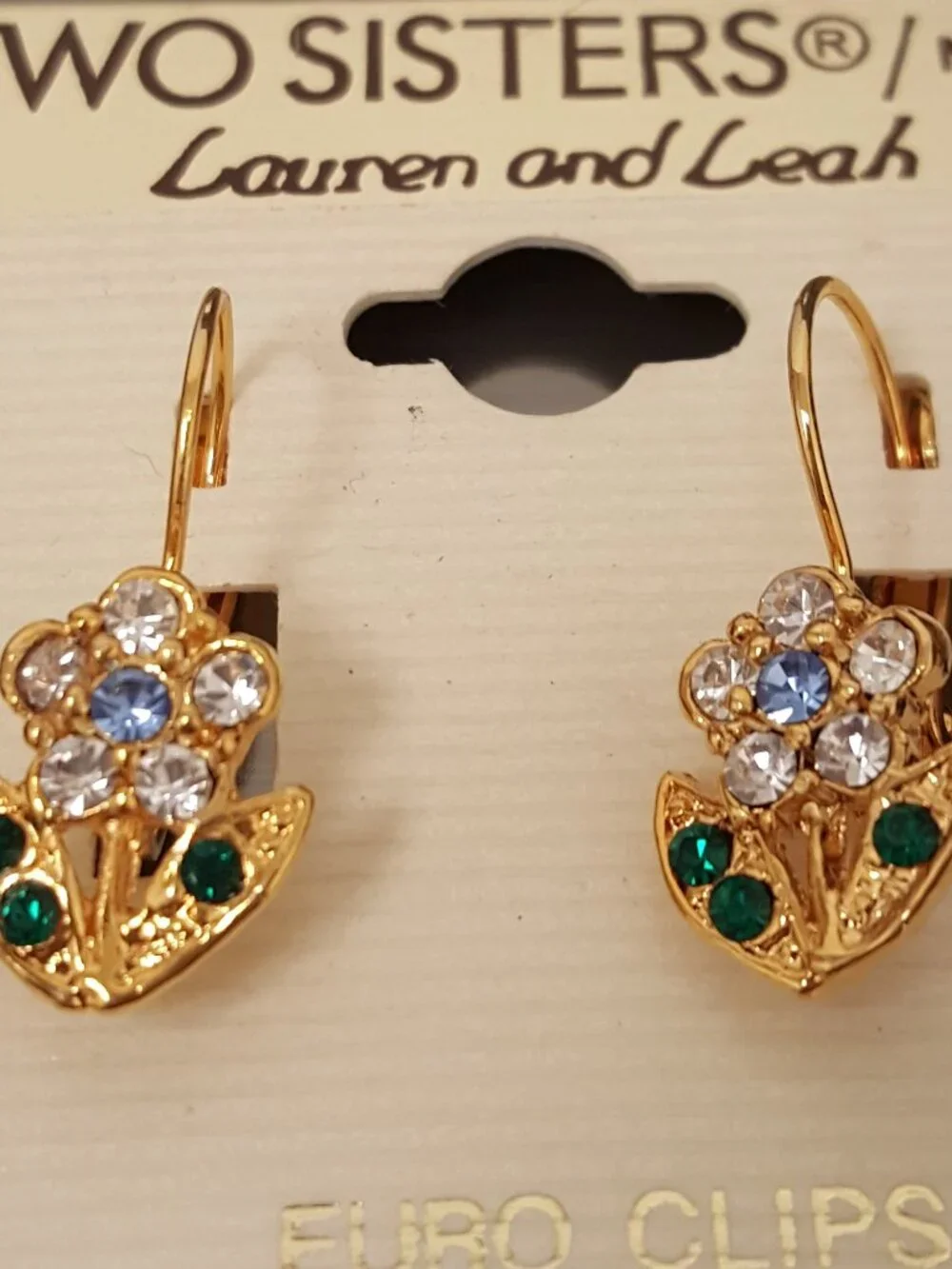 NWT TWO SISTERS Lauren and Leah Rhinestone Flower EURO Pierced Earrings